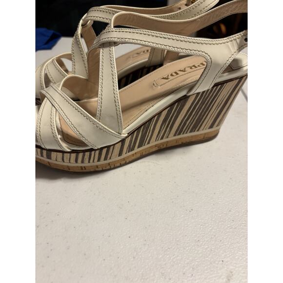 Prada Wedge Sandals 38 Beige Brown Wooden Leather Wedge Platform Slingback - Picture 8 of 12